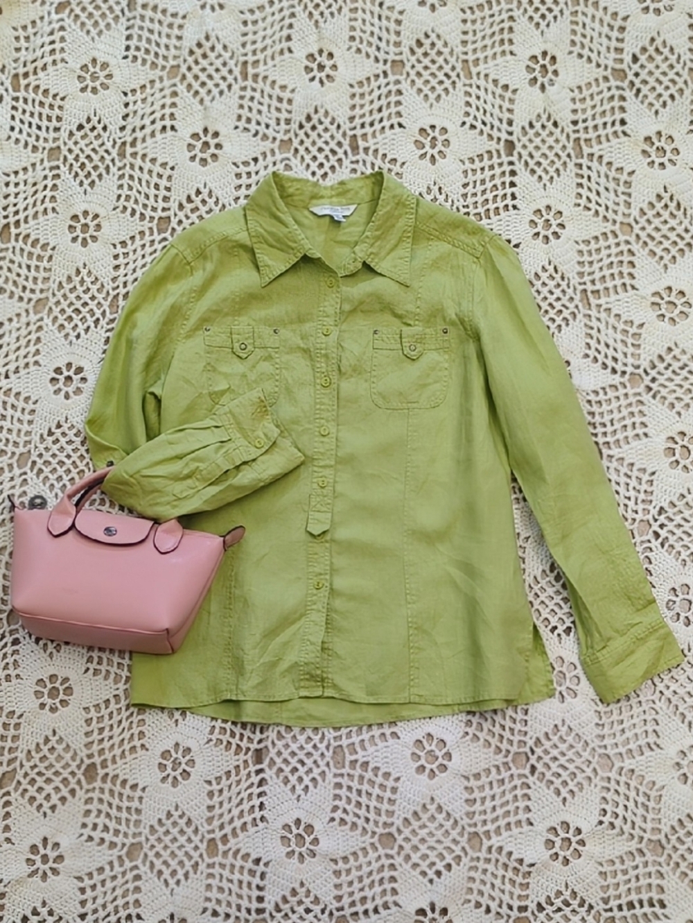 Linen Spring Green Conrad C Button Up Blouse